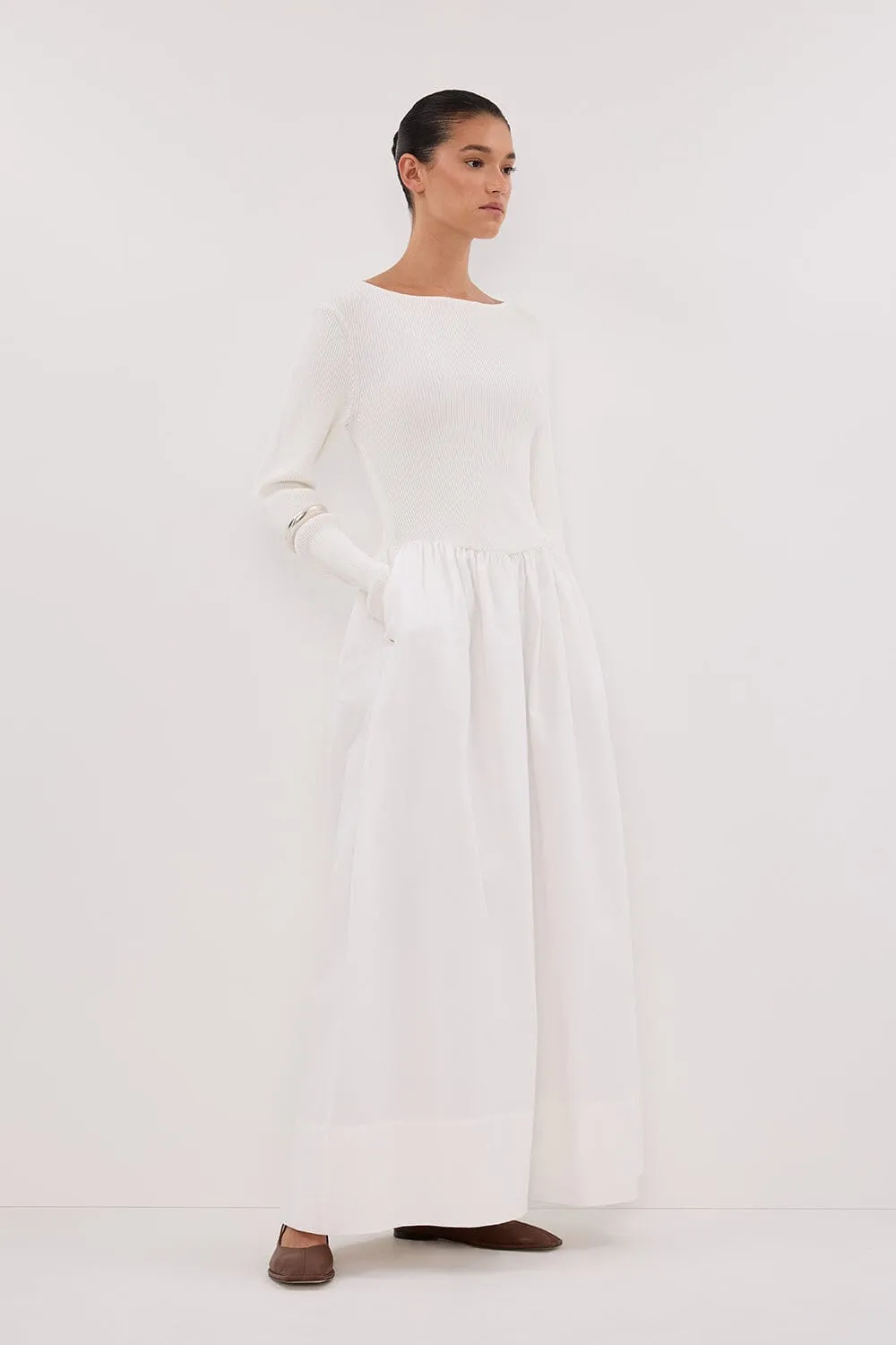 ABIGAIL WHITE HYBRID LONG SLEEVE MIDI DRESS