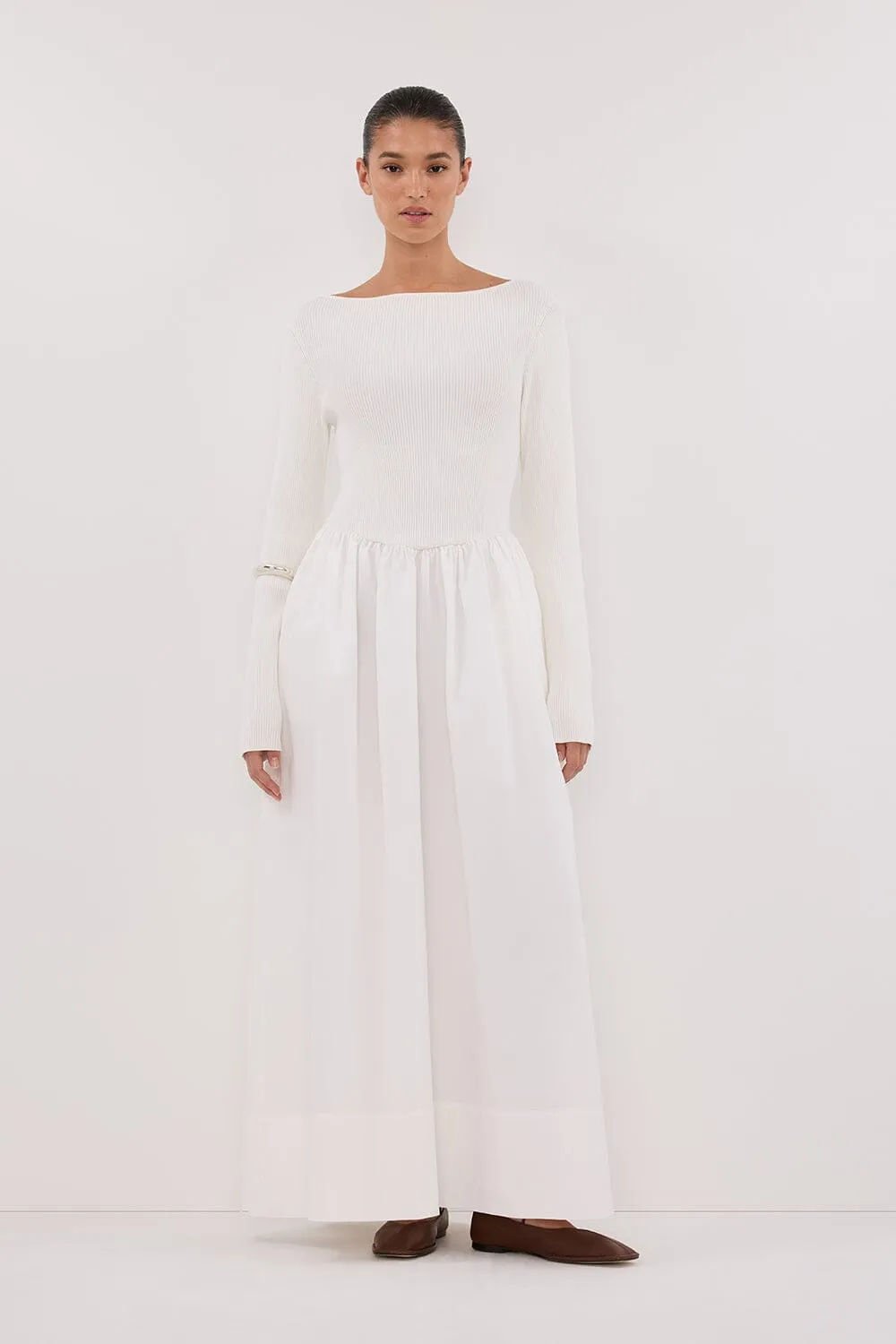 ABIGAIL WHITE HYBRID LONG SLEEVE MIDI DRESS