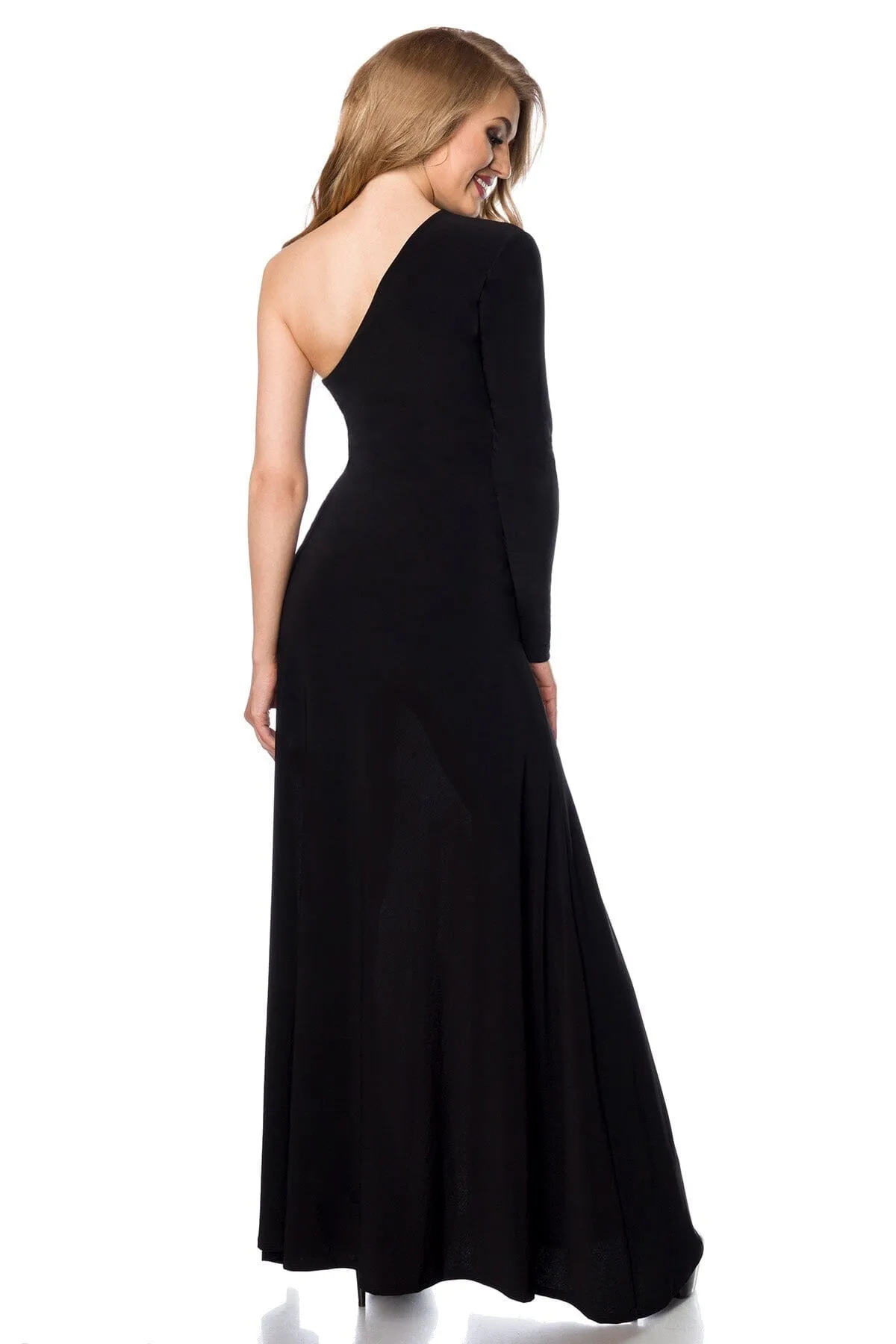 Asymmetrical Shoulder, Long Sleeve, Floor Length Dress