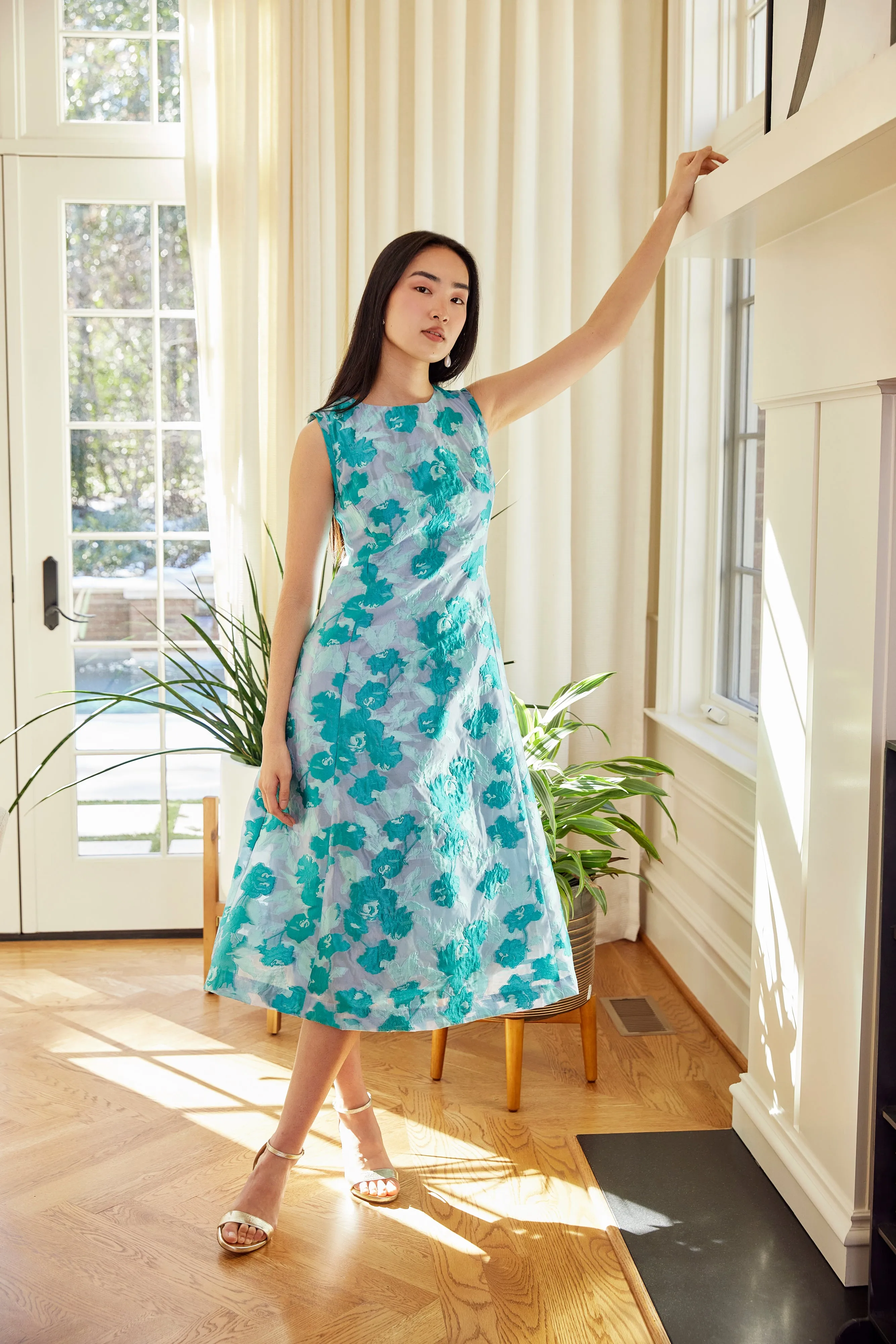 Avery Midi Dress Mint Rose Vine Organza