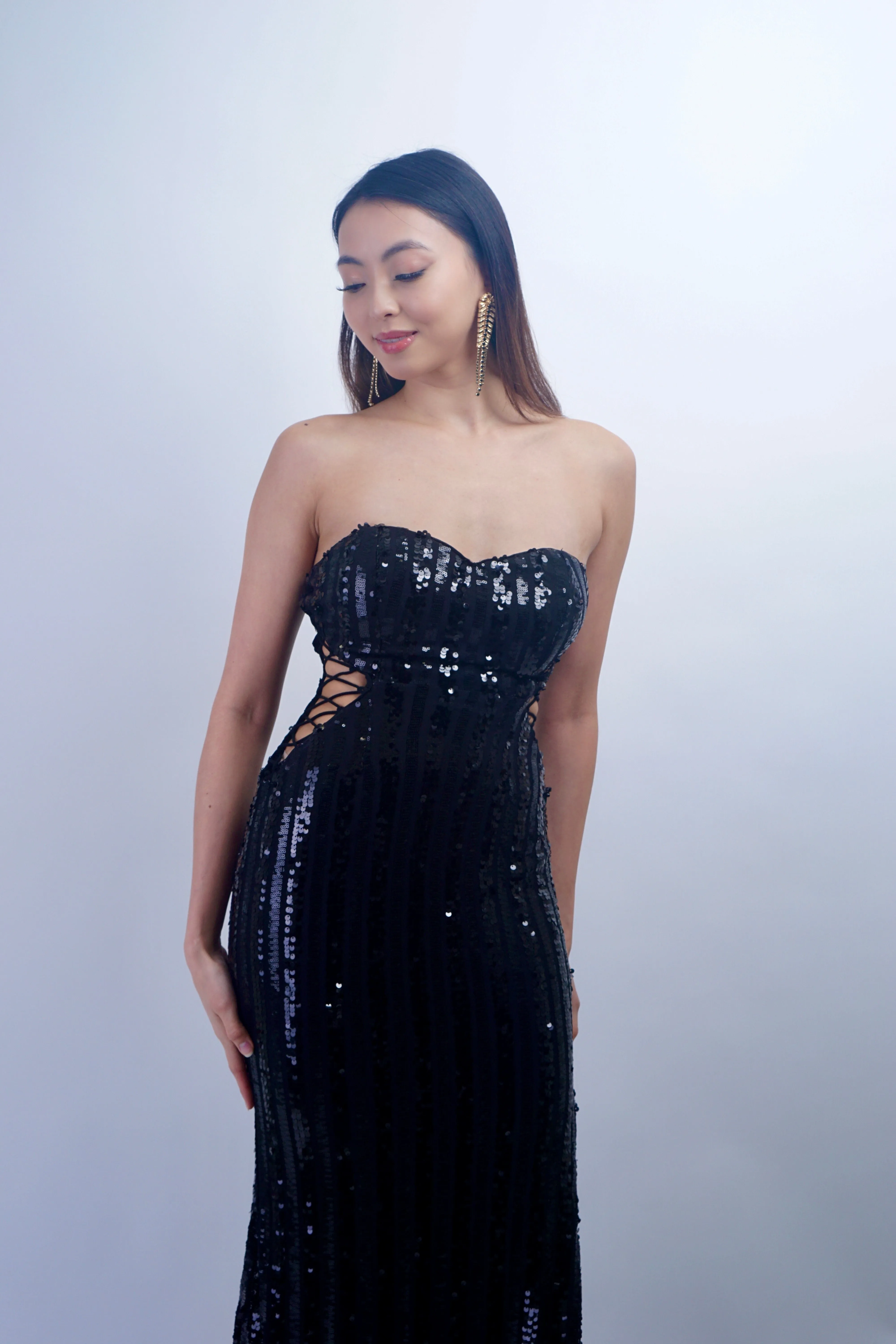 Black Sweetheart Strapless Sequin Lace Up Gown