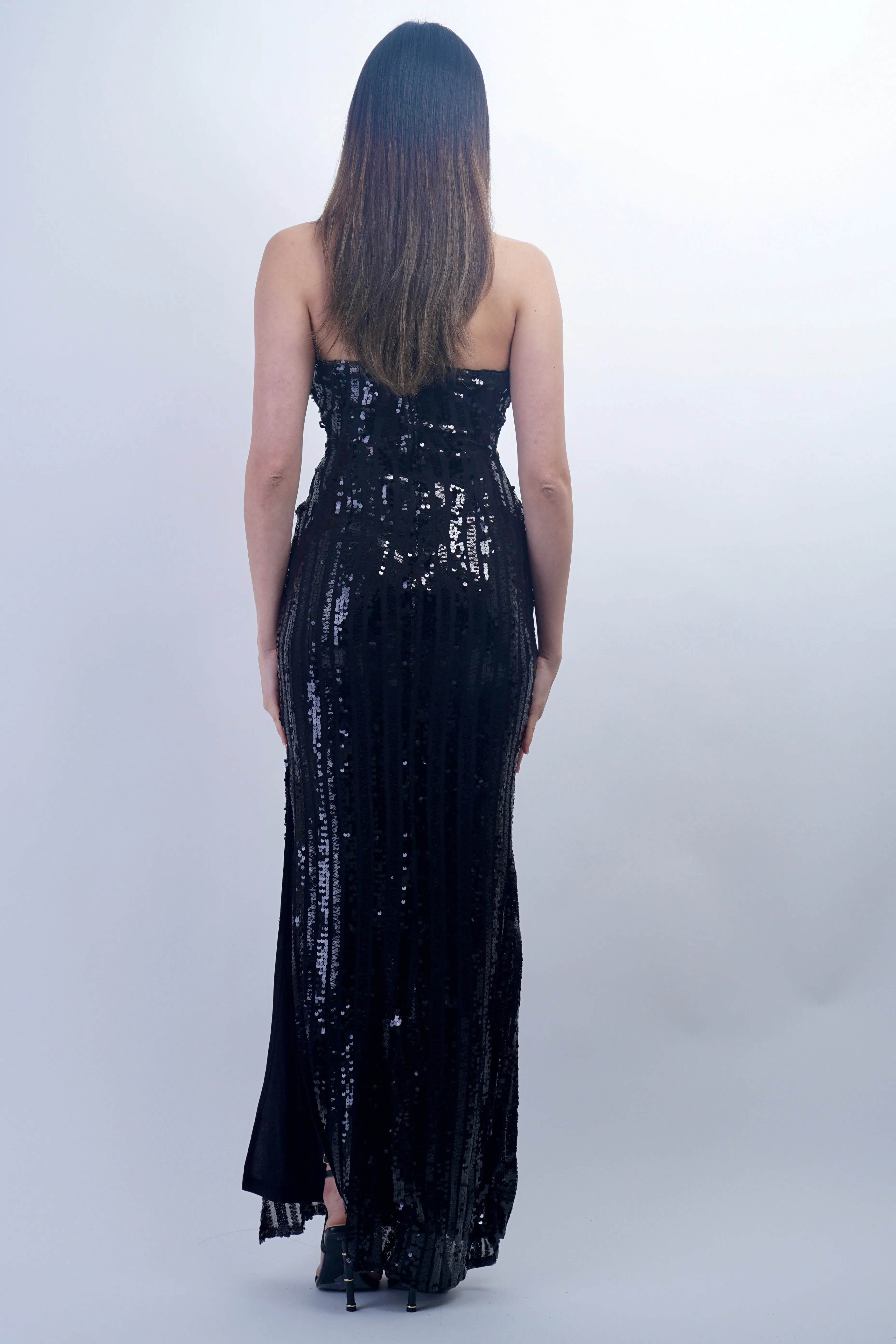 Black Sweetheart Strapless Sequin Lace Up Gown