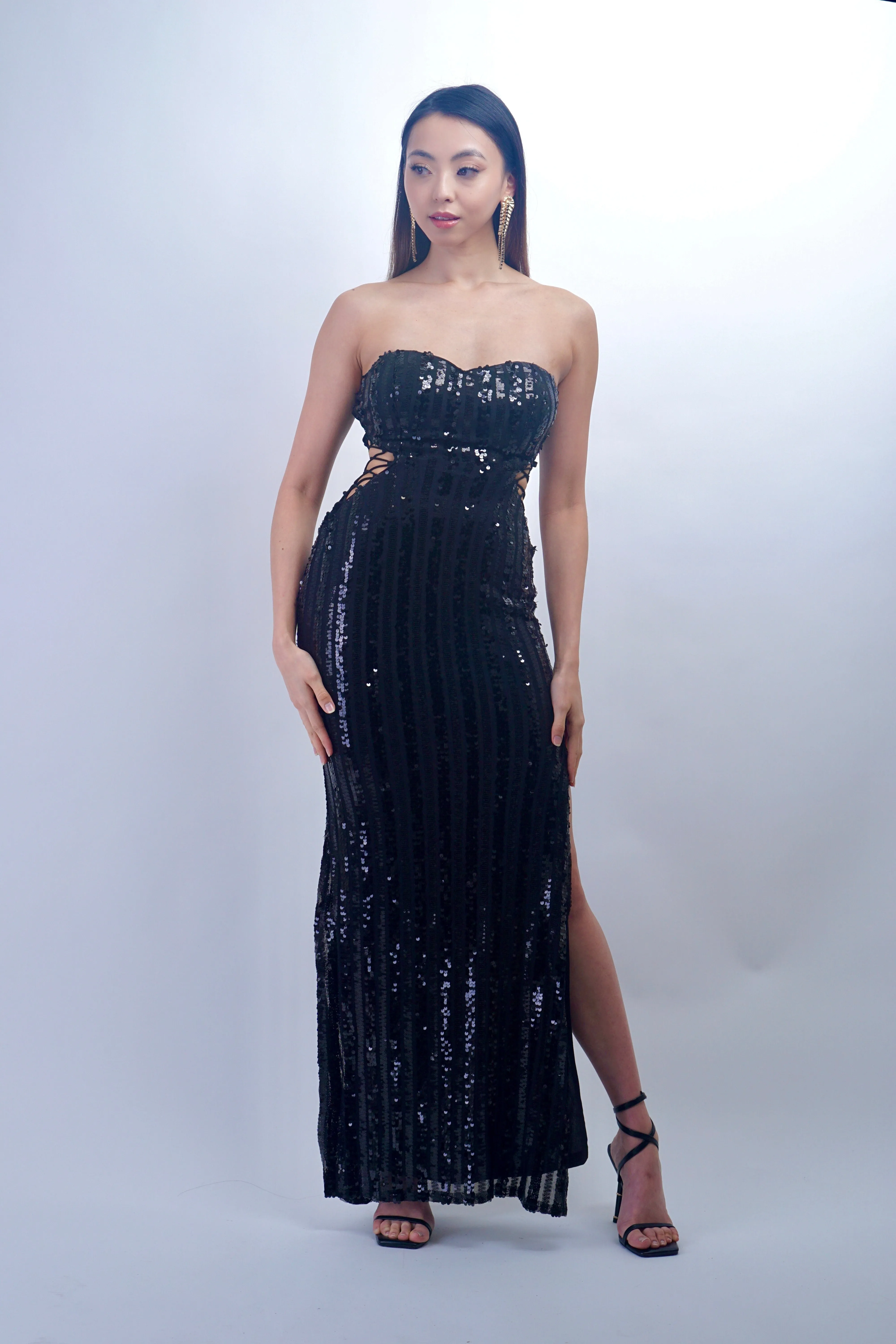 Black Sweetheart Strapless Sequin Lace Up Gown