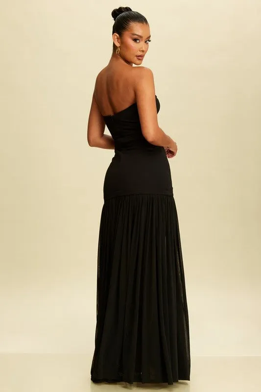 BLACK TUBE SHIRRED CHIFFON MAXI