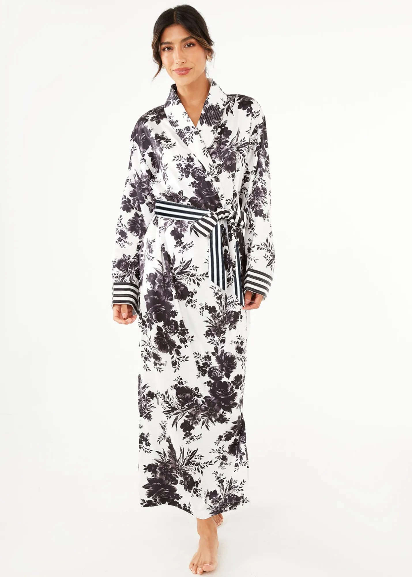 Bridget Robe Black and White Rose Chintz Satin