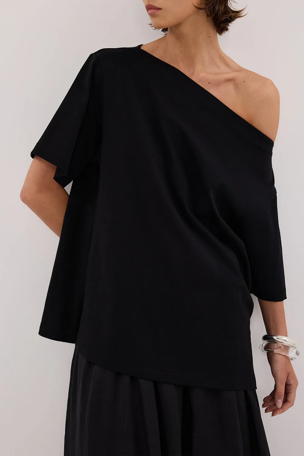 ESME BLACK ASYM BOAT NECK TEE