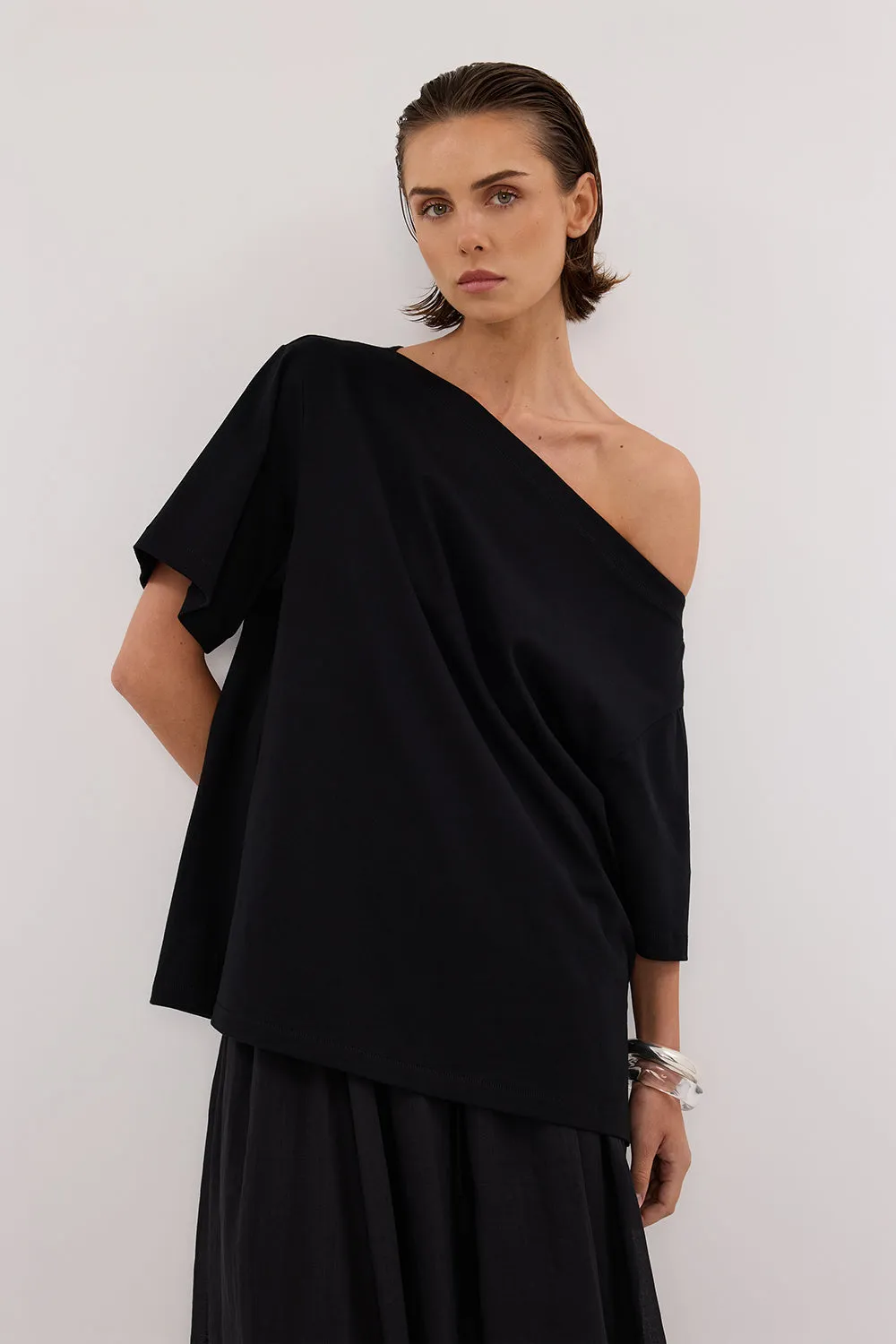 ESME BLACK ASYM BOAT NECK TEE