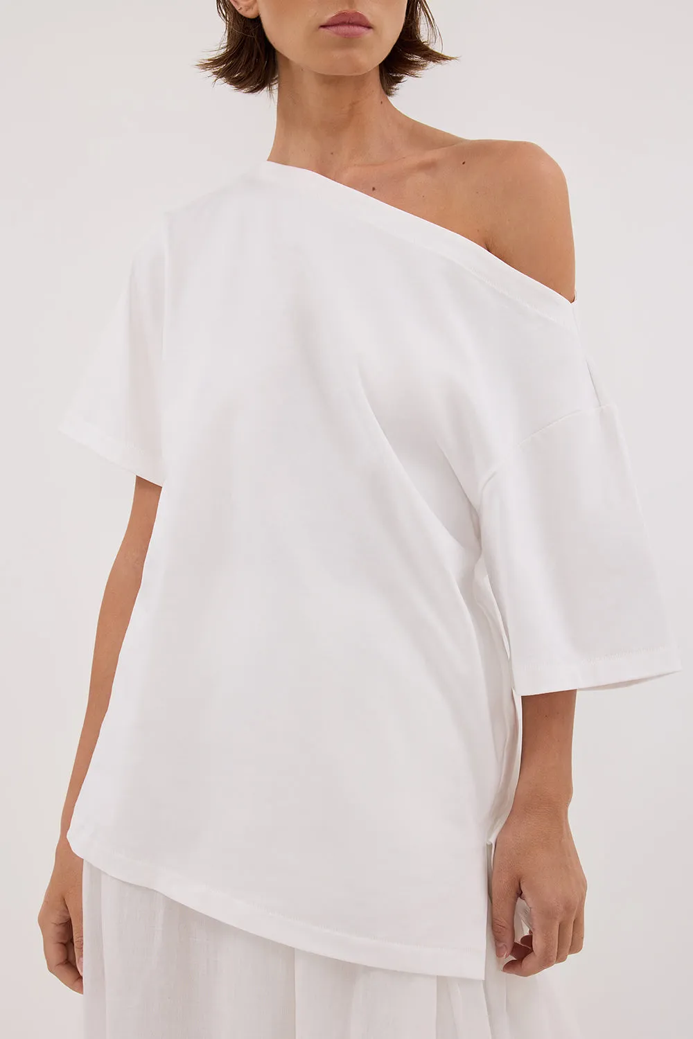 ESME WHITE ASYM BOAT NECK TEE