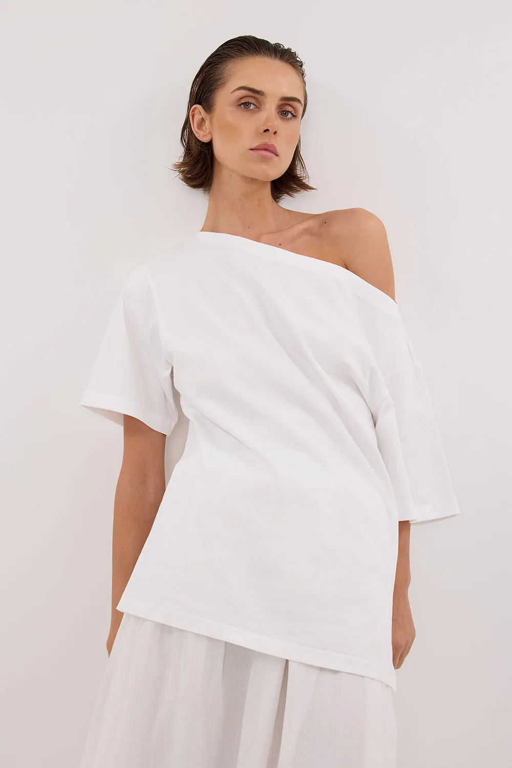 ESME WHITE ASYM BOAT NECK TEE