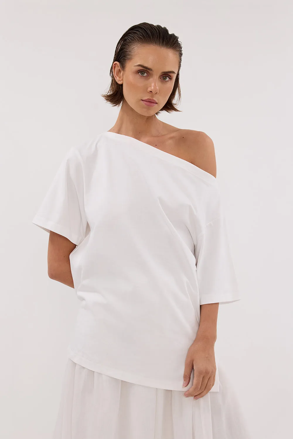 ESME WHITE ASYM BOAT NECK TEE
