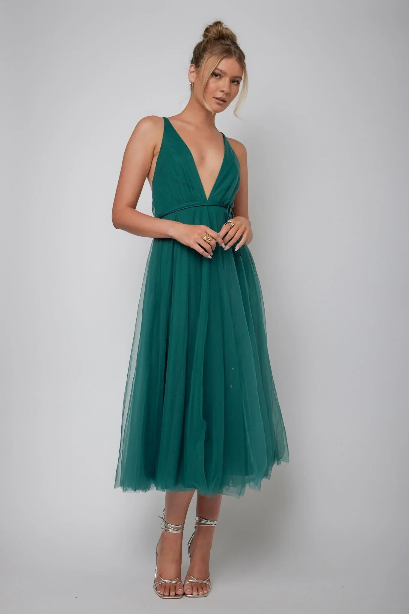 Floating By Plunging Neckline Mesh Overlay Midi Dress Forest Green