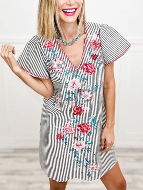 Floral Embroidered Striped Shift Dress with V-Neckline