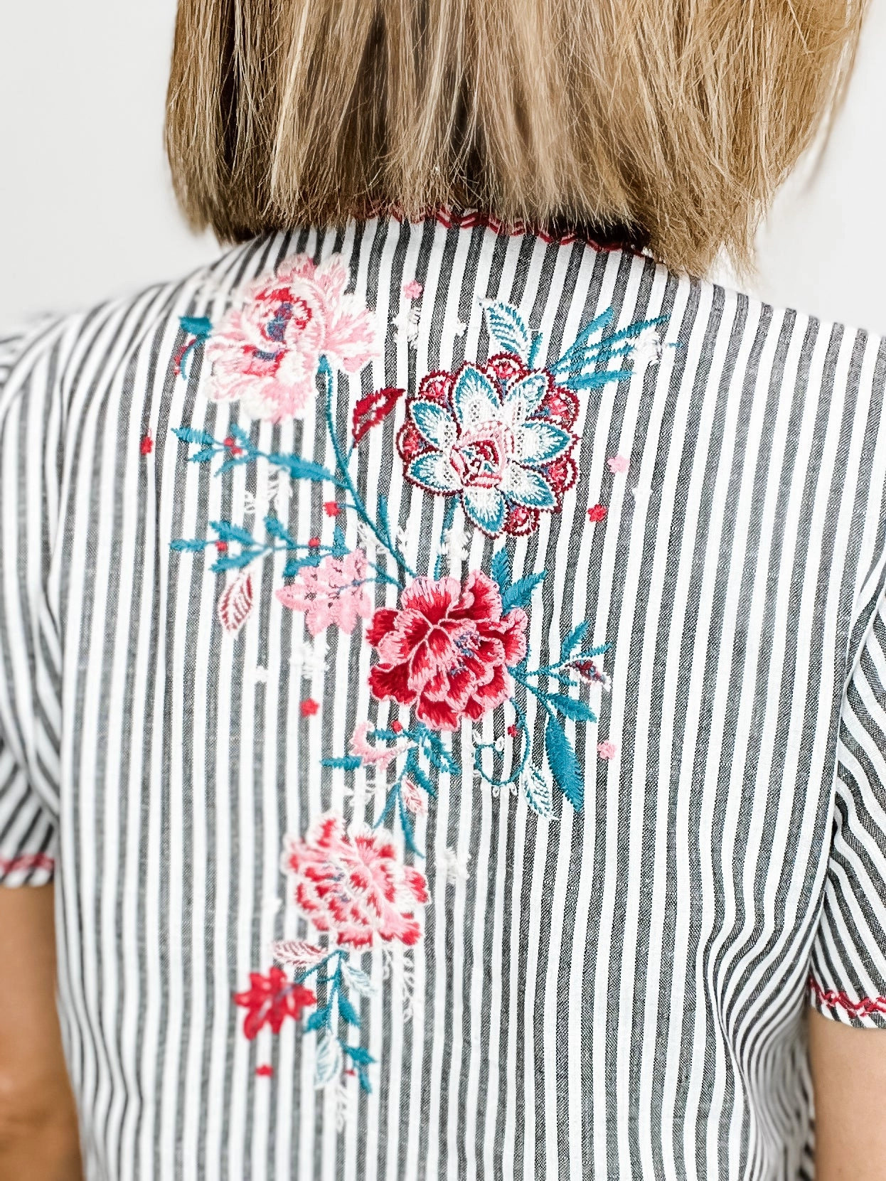 Floral Embroidered Striped Shift Dress with V-Neckline