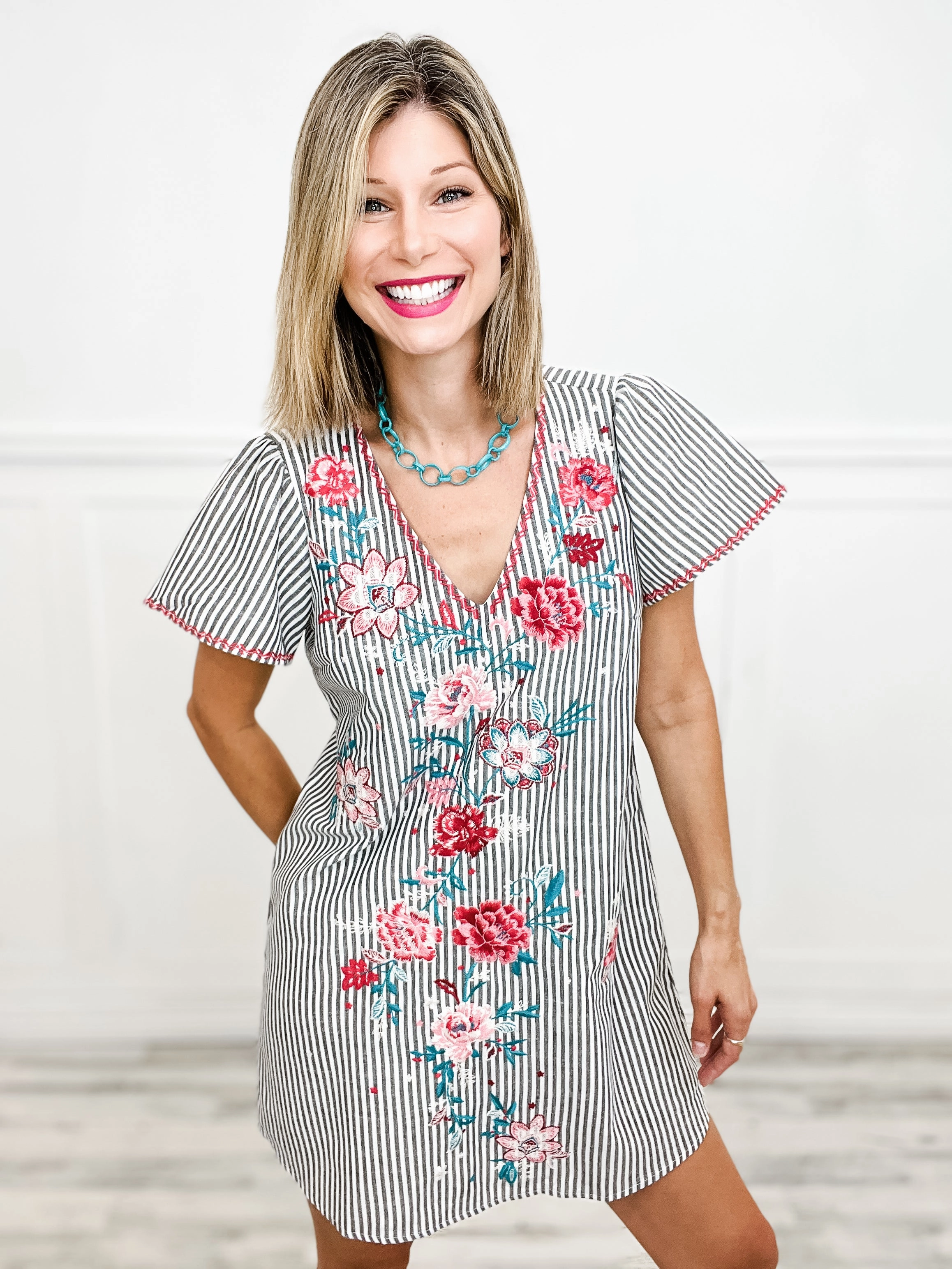 Floral Embroidered Striped Shift Dress with V-Neckline