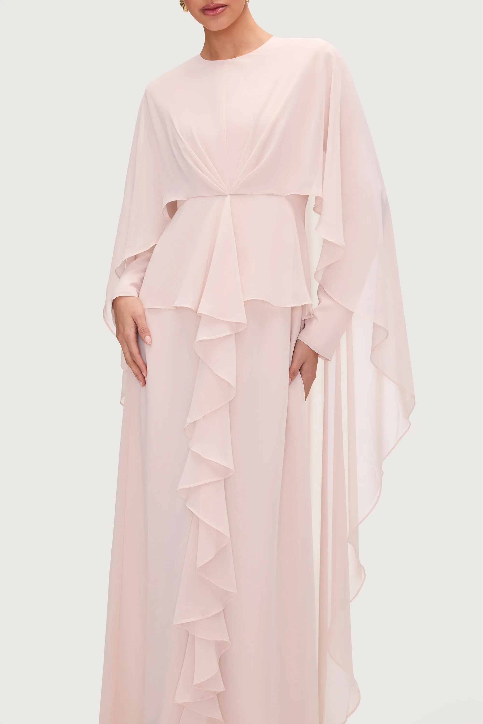 Jeanette Cascade Cape Maxi Dress - Pearl