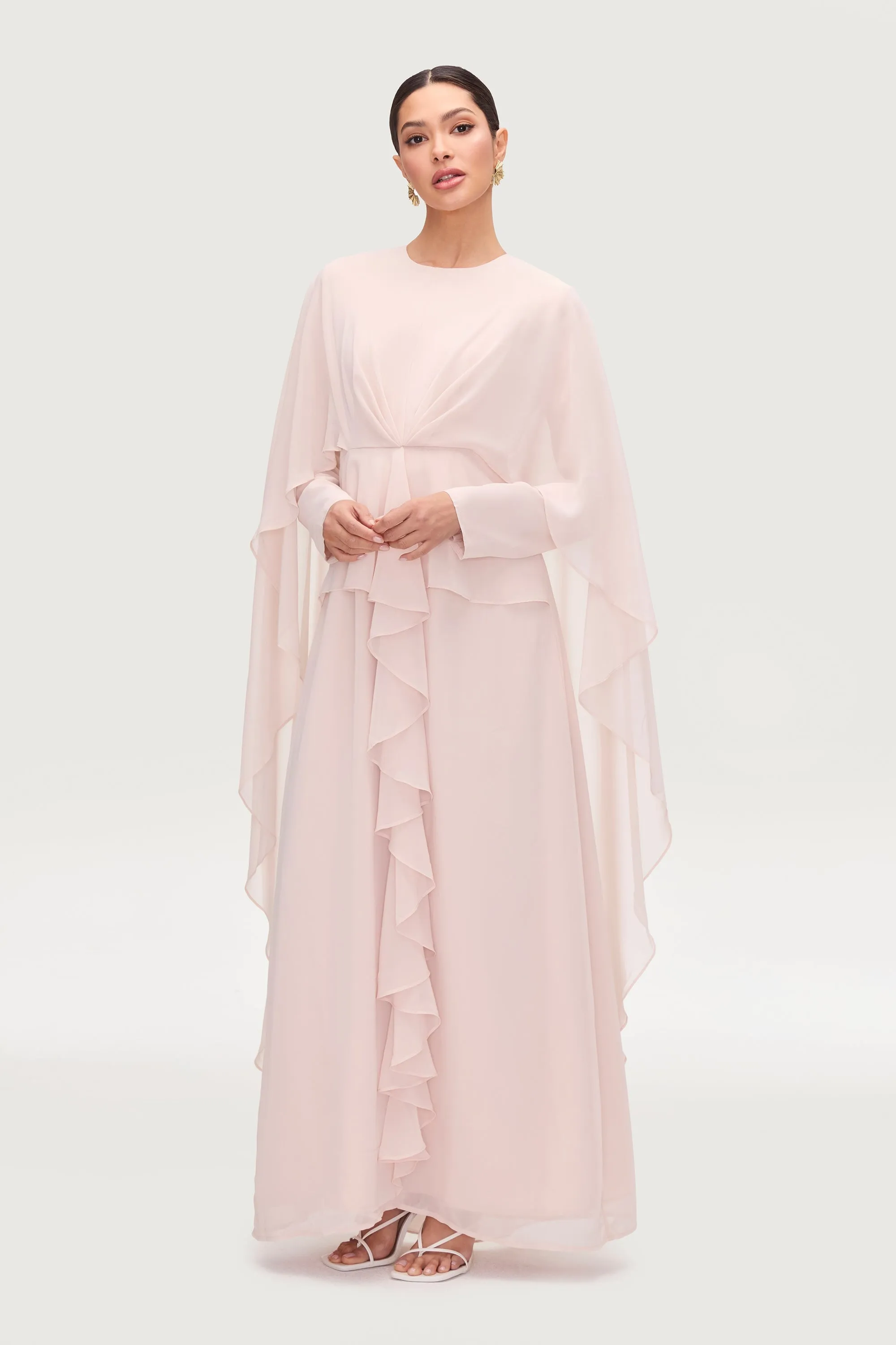 Jeanette Cascade Cape Maxi Dress - Pearl