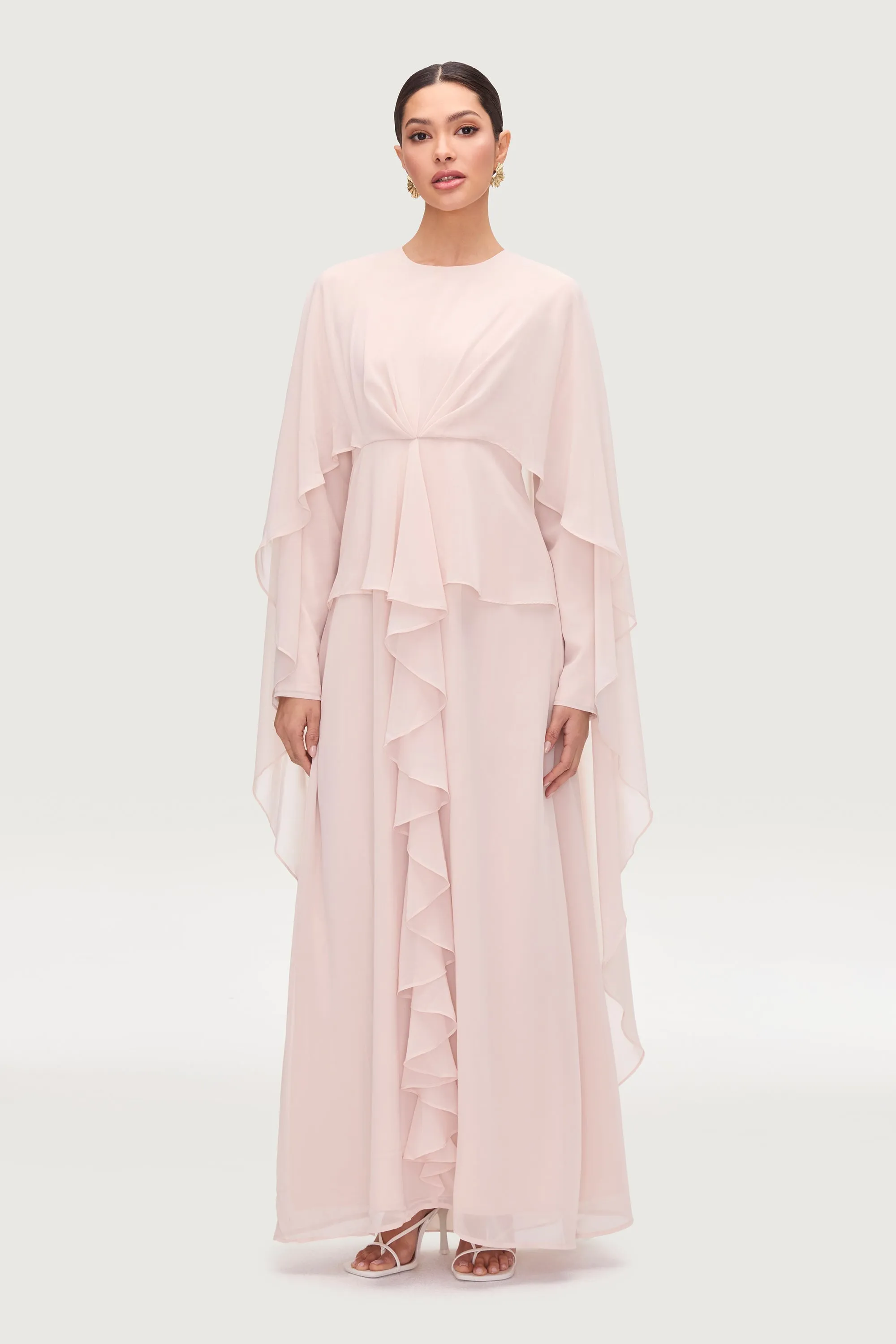 Jeanette Cascade Cape Maxi Dress - Pearl