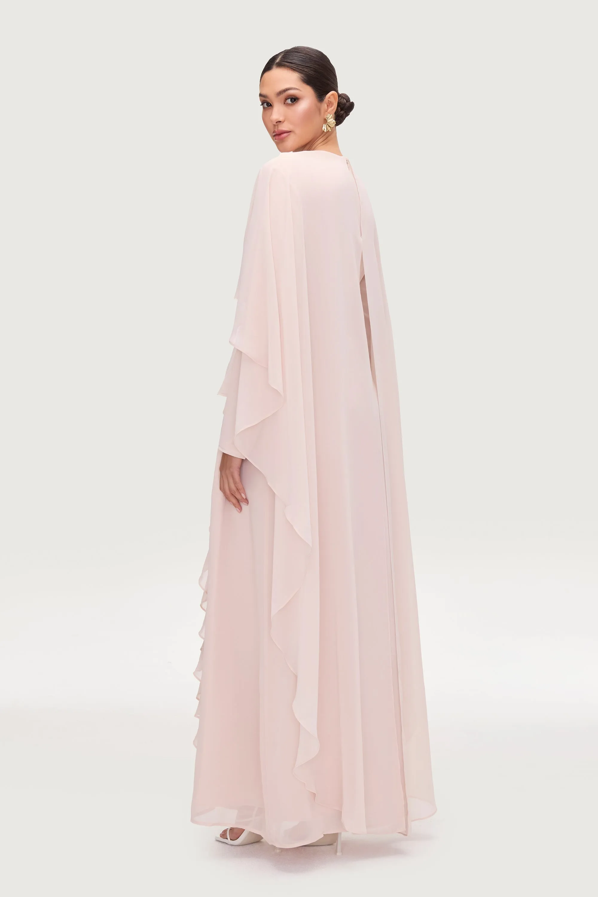 Jeanette Cascade Cape Maxi Dress - Pearl