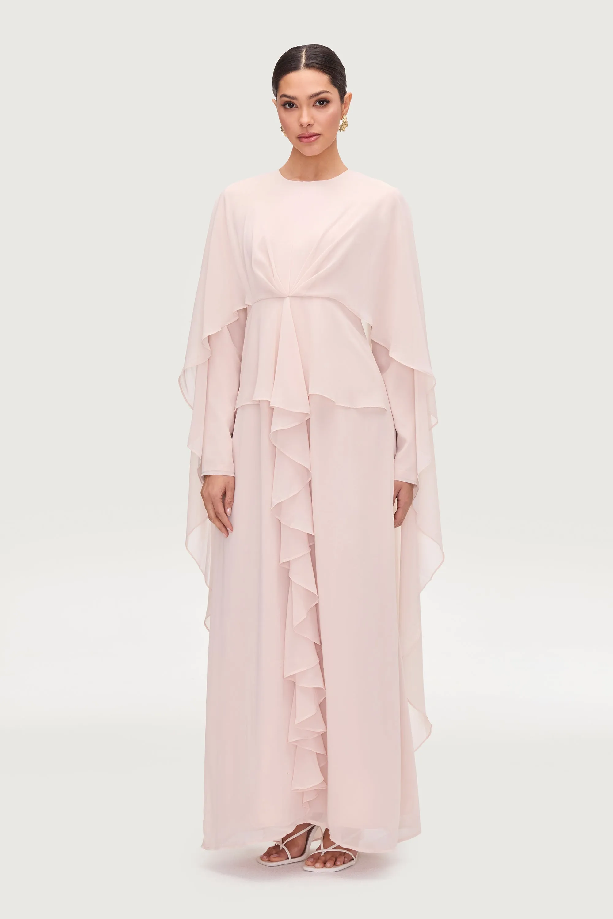 Jeanette Cascade Cape Maxi Dress - Pearl