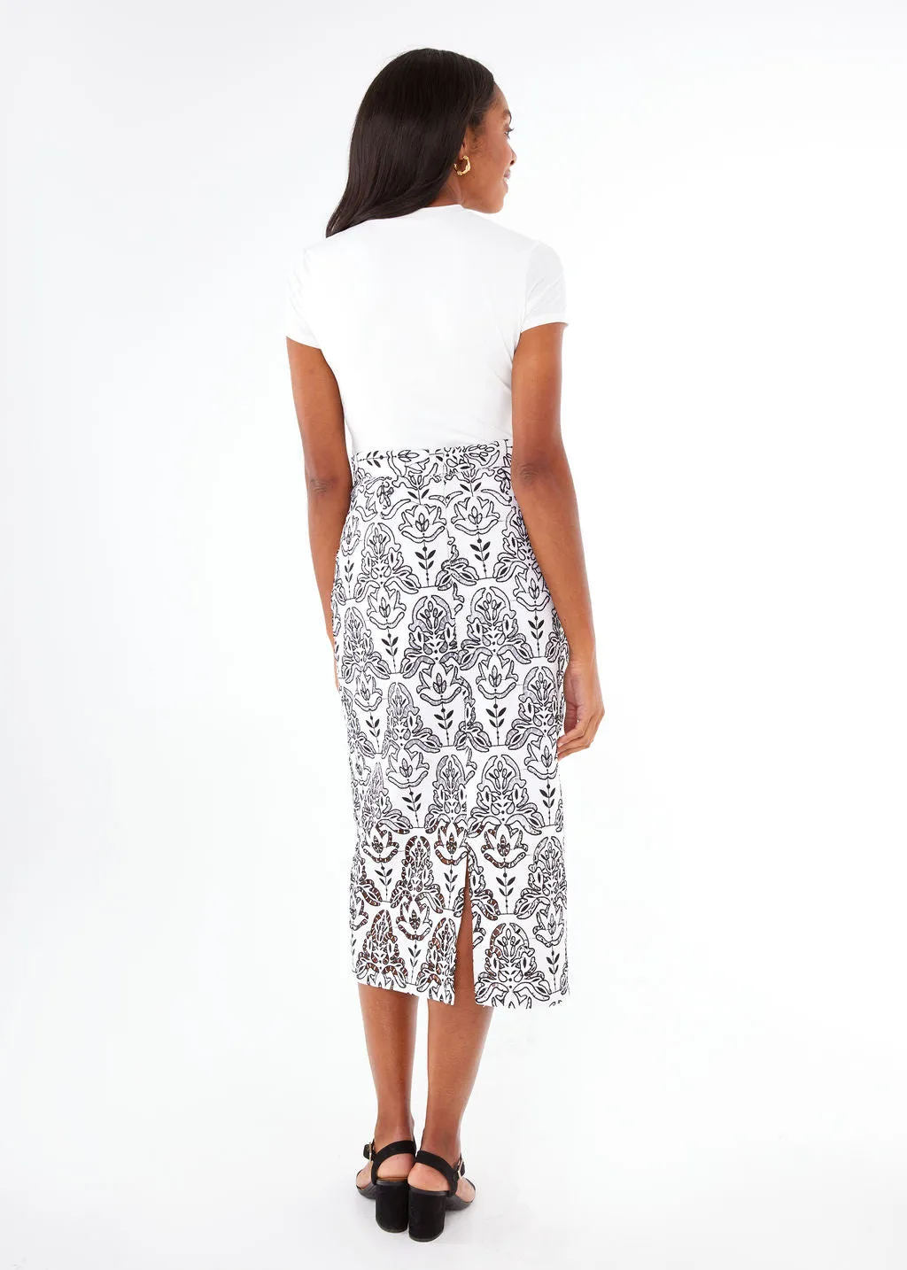 Julia Pencil Skirt Black & White Ironwork Geo Lace