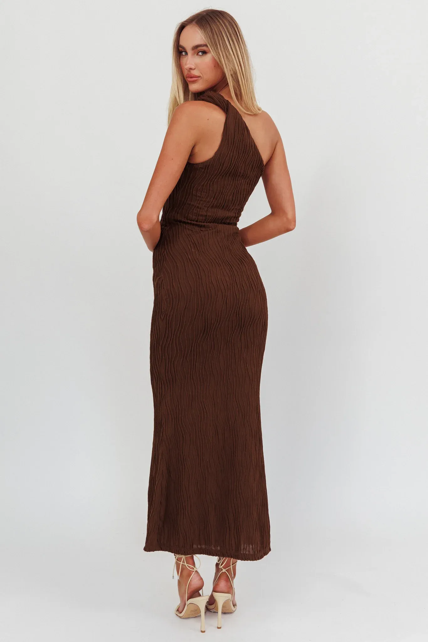 Lingering Love One-Shoulder Twist Maxi Dress Chocolate