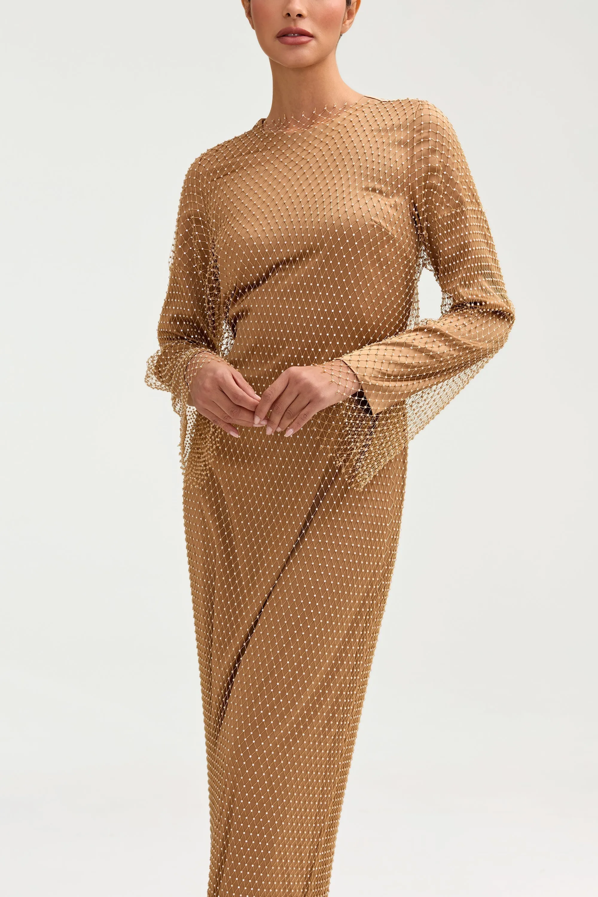 Naila Satin Crystal Maxi Dress - Champagne