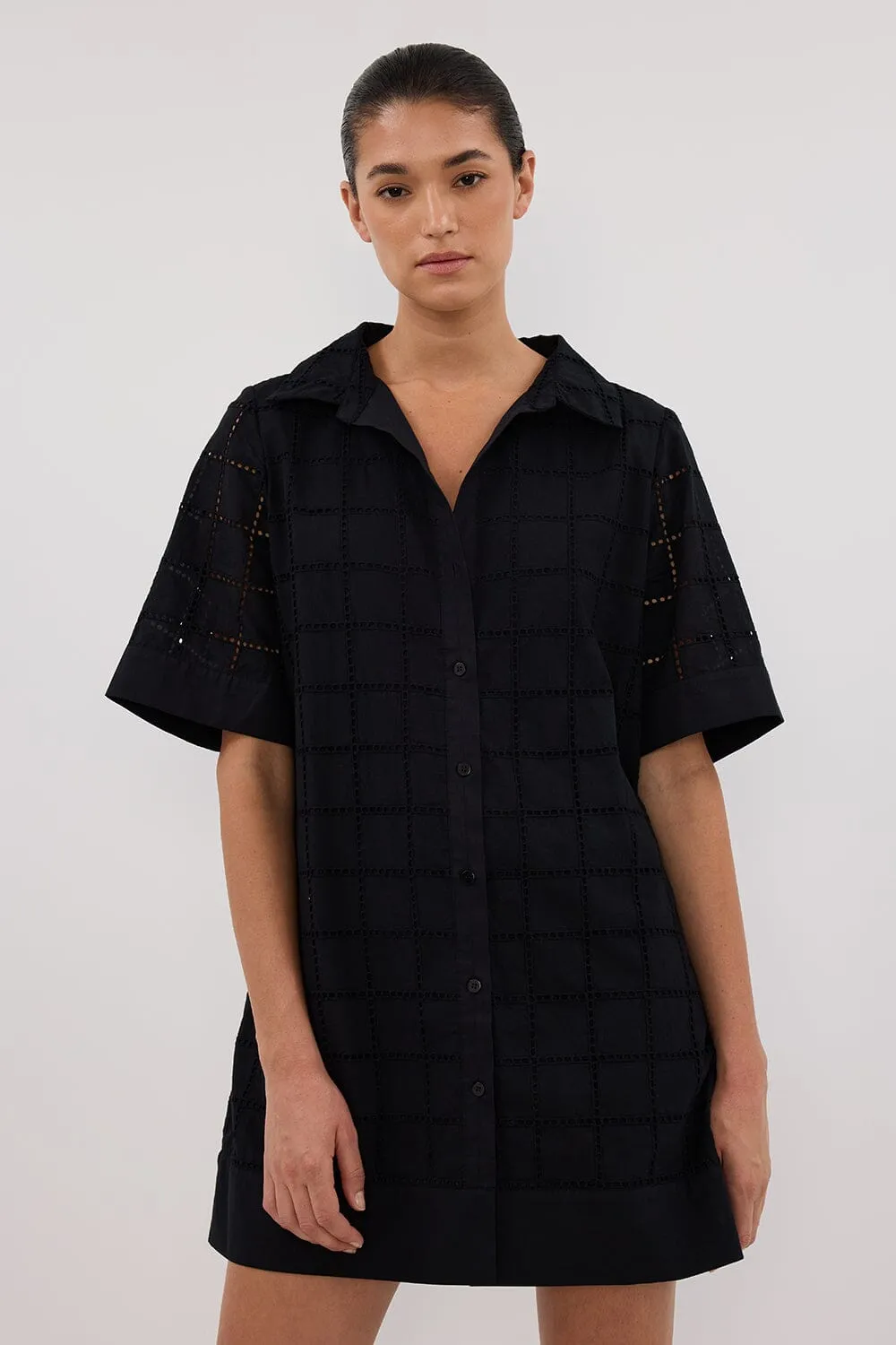 OWEN BLACK SLEEVED BRODERIE MINI DRESS