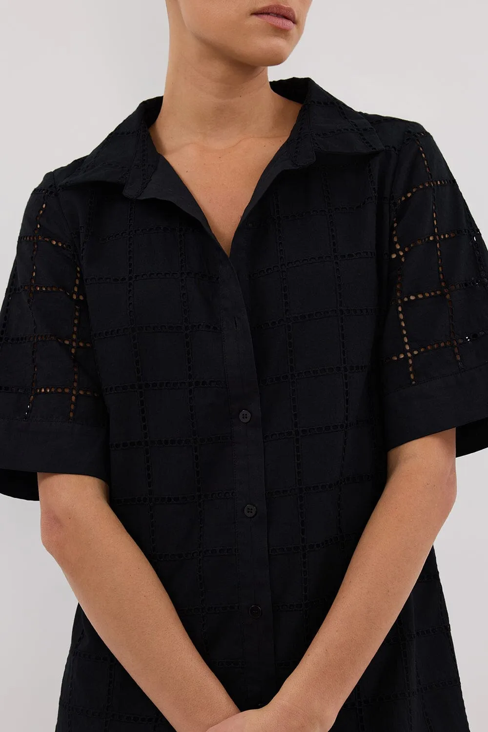 OWEN BLACK SLEEVED BRODERIE MINI DRESS