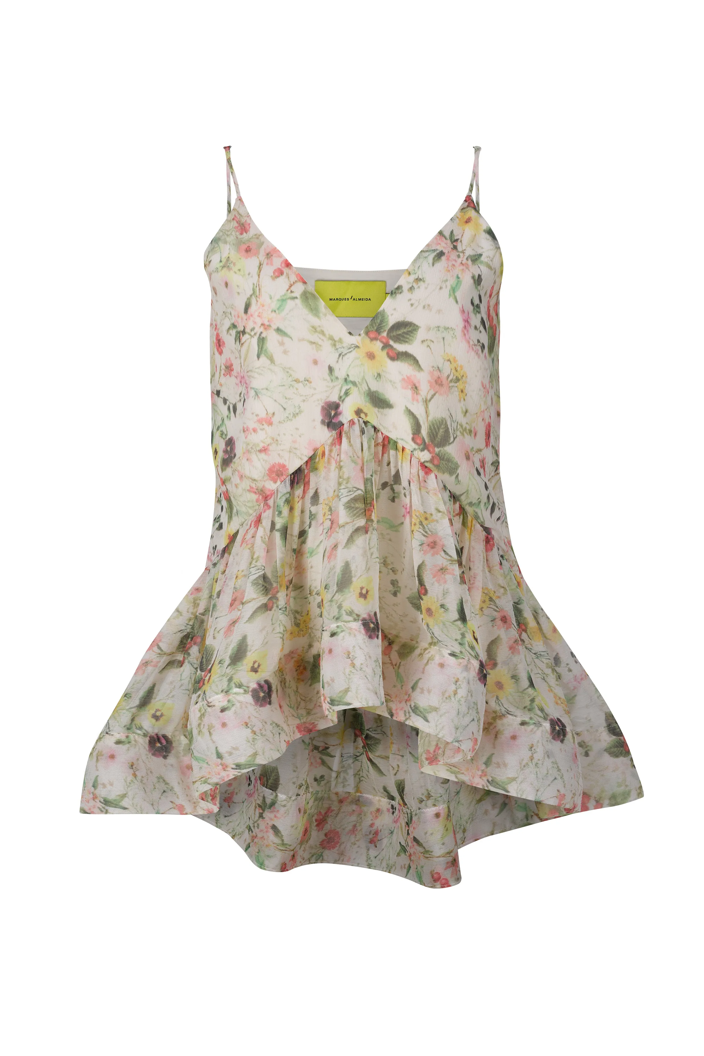 PRINTED CHIFFON STRAPPY TOP WITH FLOUNCE HEM