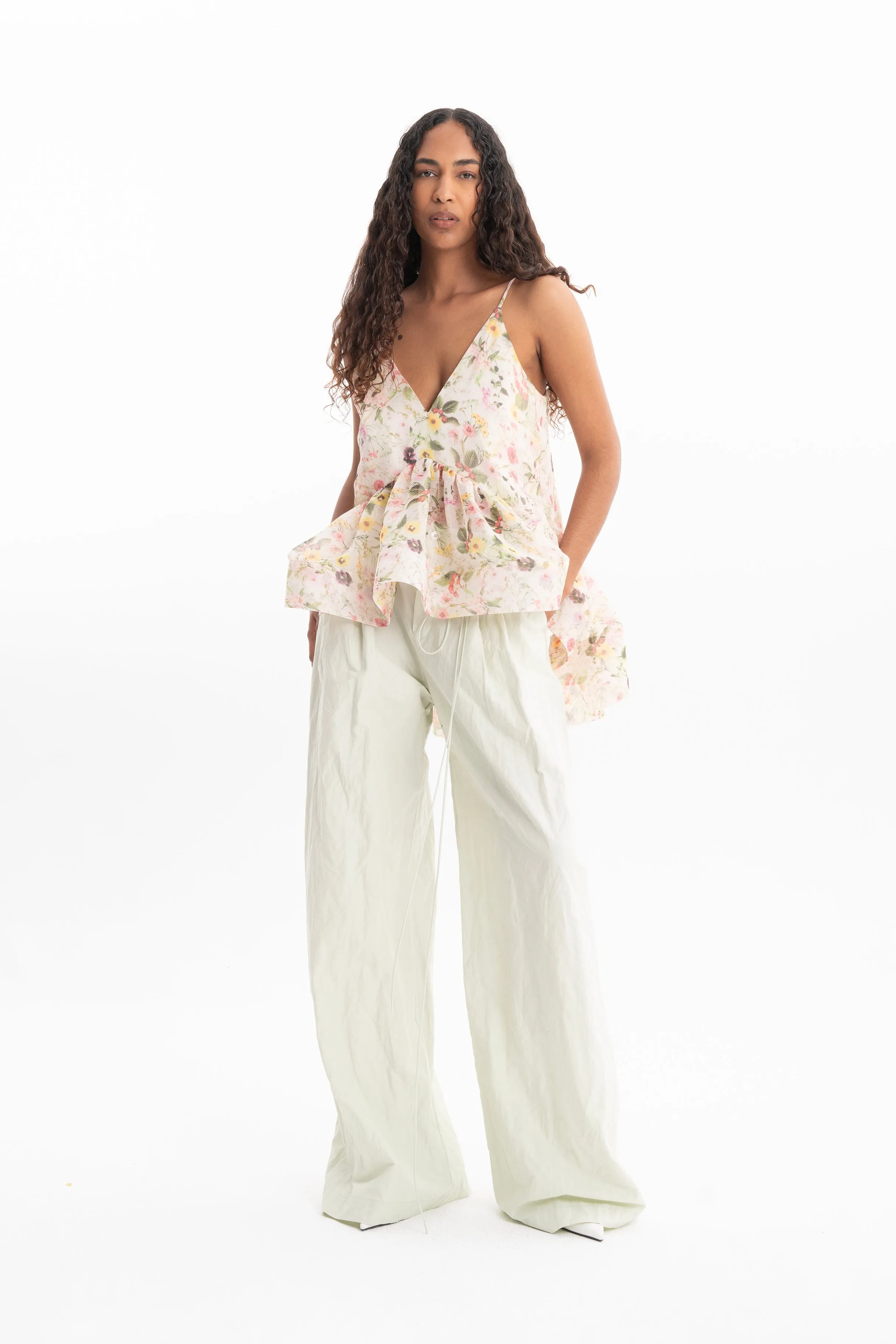 PRINTED CHIFFON STRAPPY TOP WITH FLOUNCE HEM
