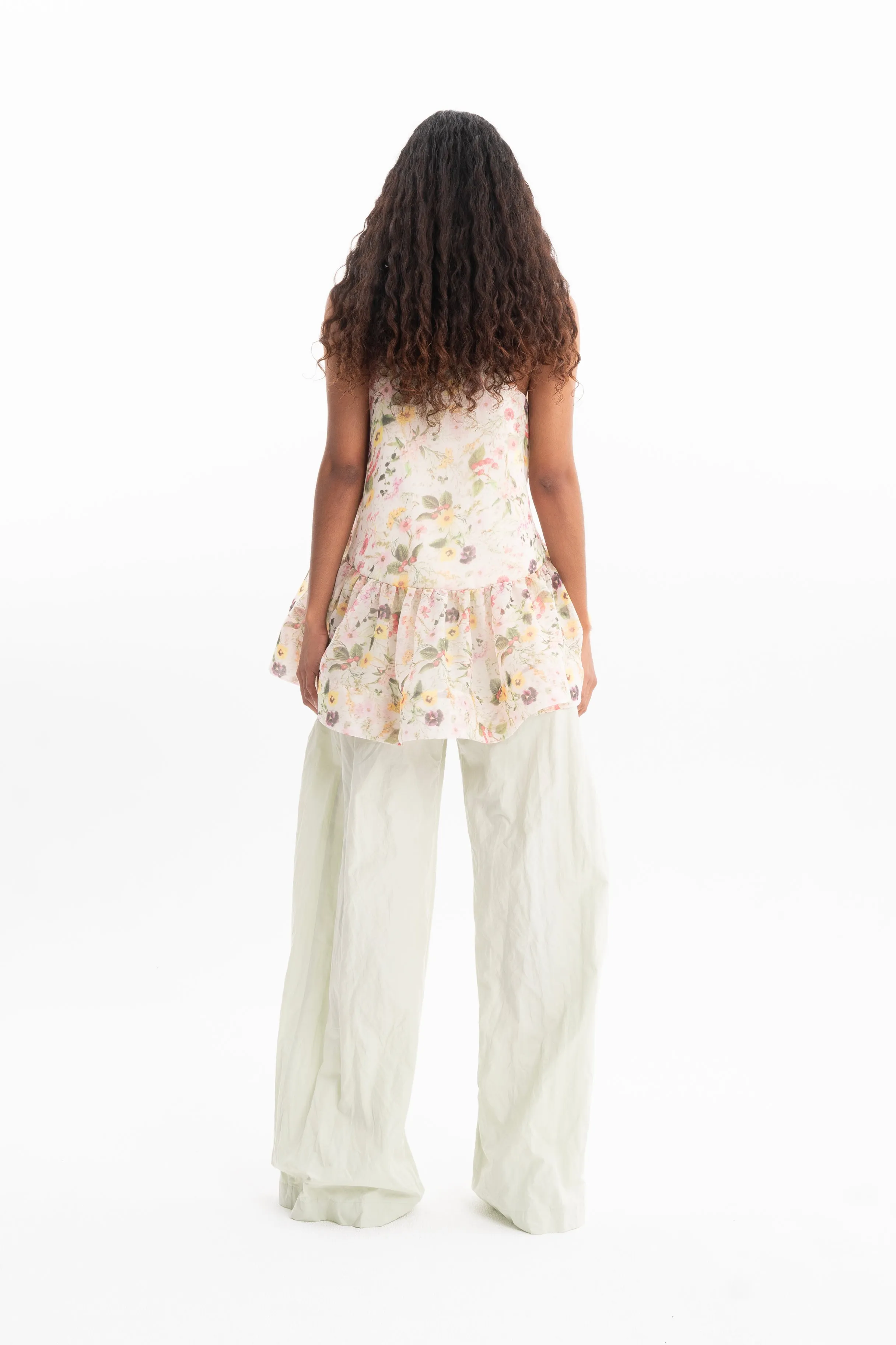 PRINTED CHIFFON STRAPPY TOP WITH FLOUNCE HEM