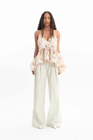 PRINTED CHIFFON STRAPPY TOP WITH FLOUNCE HEM