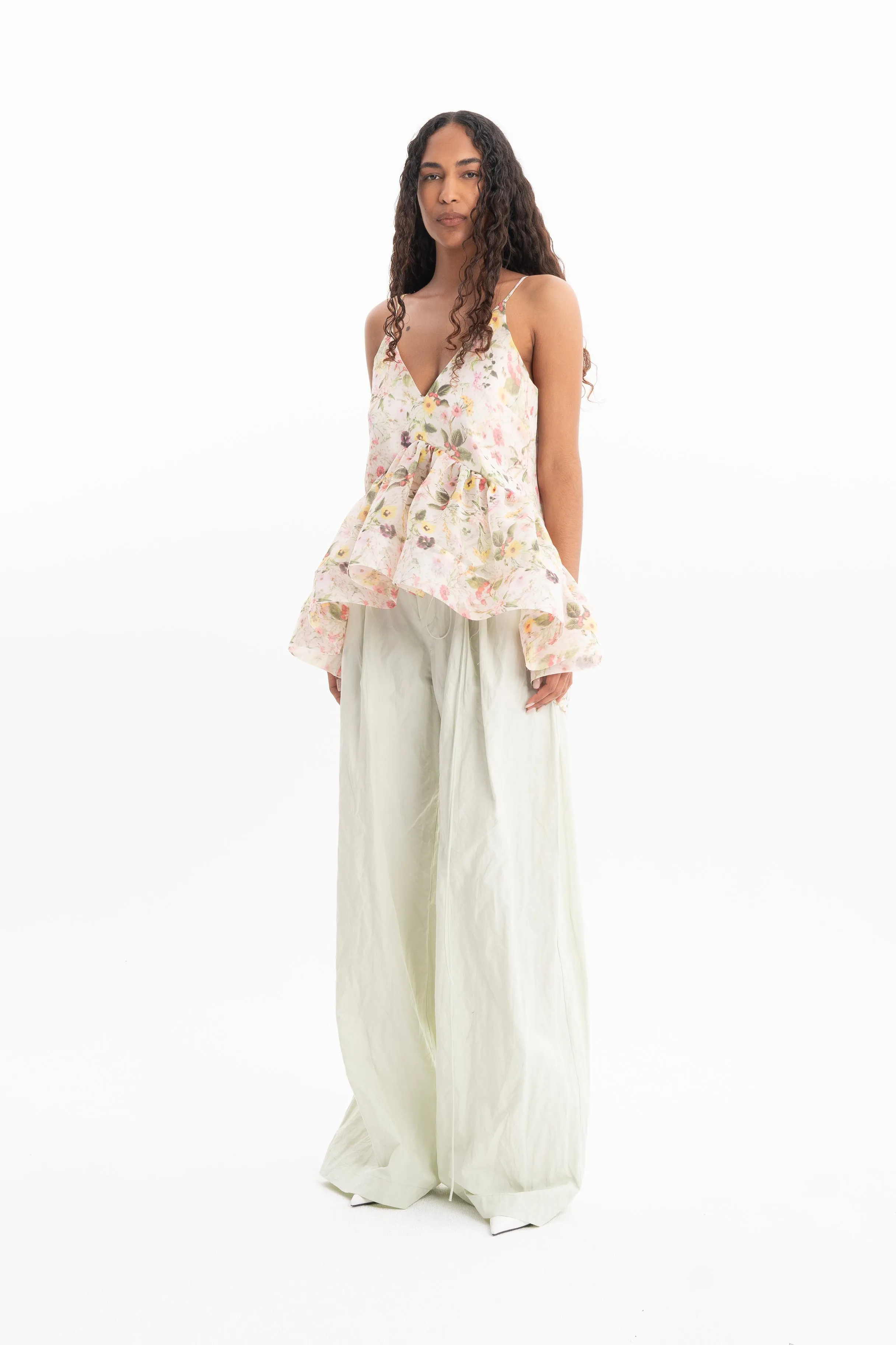PRINTED CHIFFON STRAPPY TOP WITH FLOUNCE HEM
