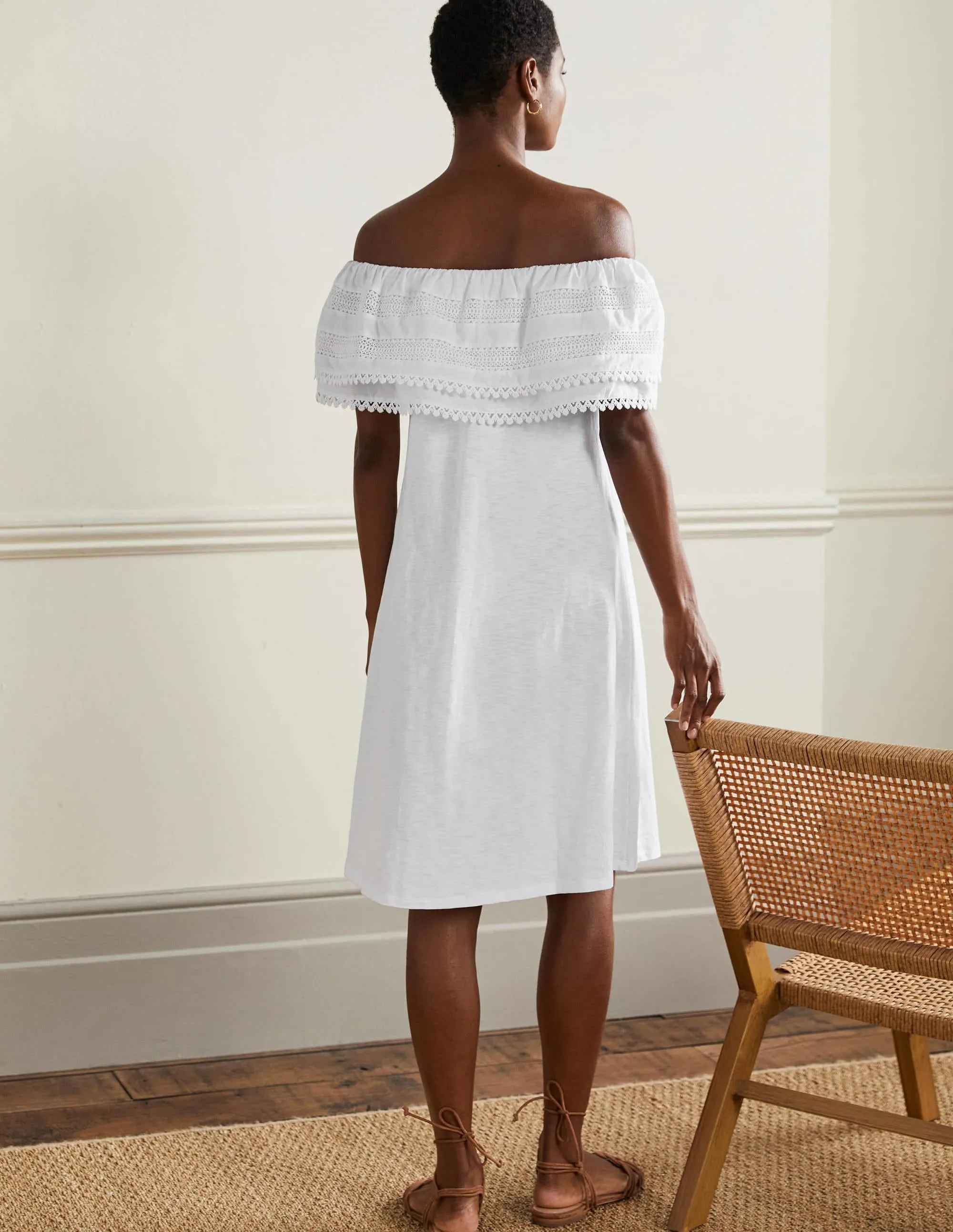 Ruffle Detail Jersey Dress-White