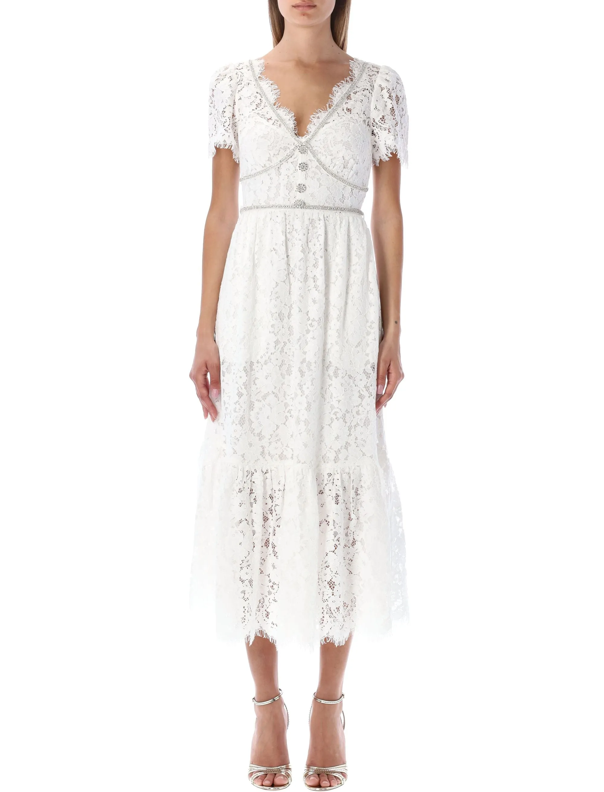 Self-Portrait Embellished Lace Trimmed Midi Dress