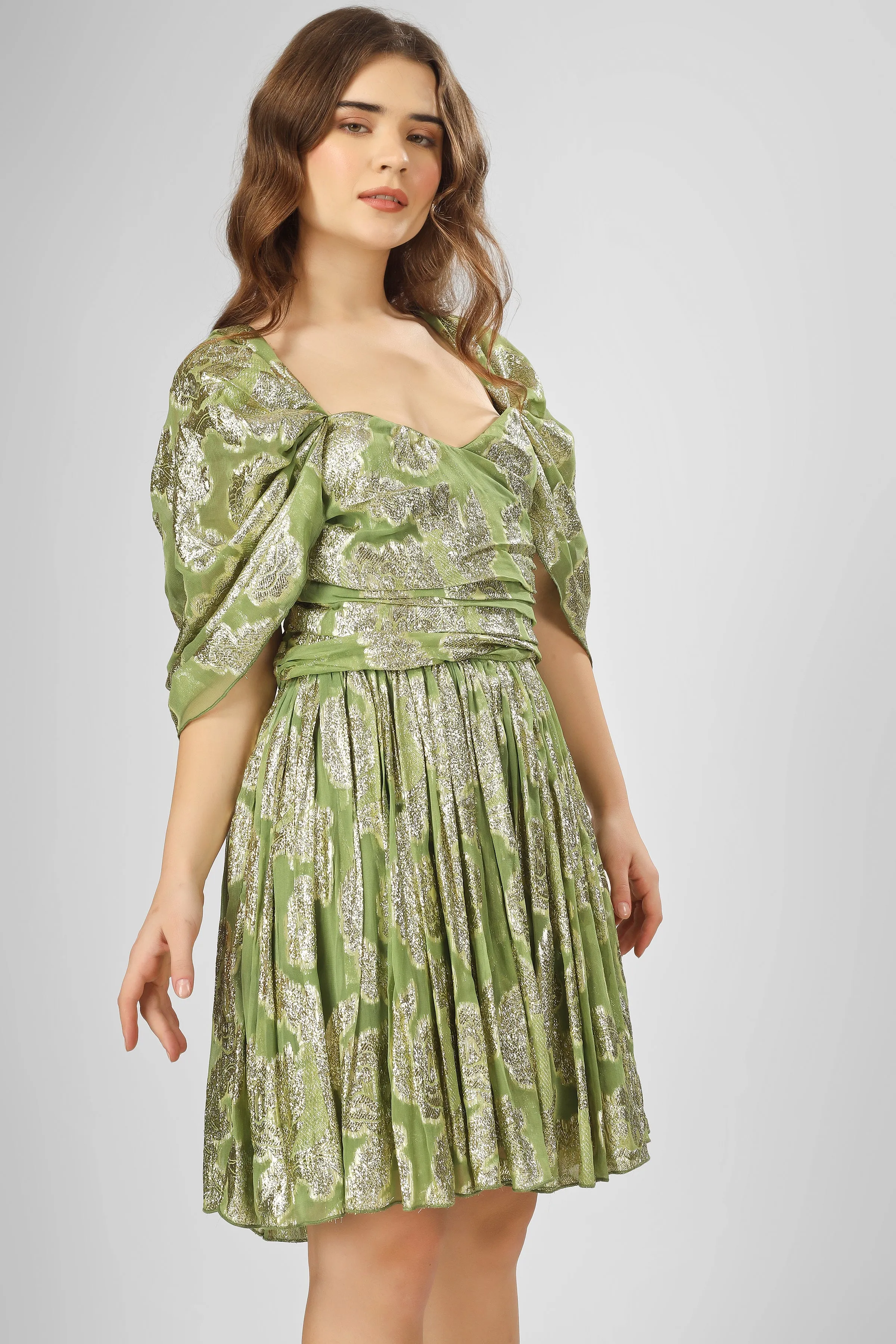 Sydney Metallic Printed Mini Dress in Olive Green